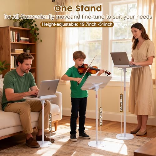 2 in 1 Dual-use Music Stand & Desktop Book Stand, Adjustable Height 16.5"-51", 100% Solid Wood Laptop Floor Stand Book Holder with Elastic Page Clips for Cookbooks (White) - Image 5