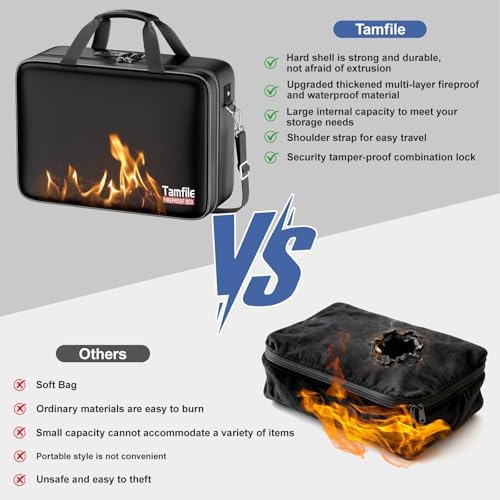 Tamfile Fireproof Document Box with Lock, Large Hard File Organizer, Black - Image 3
