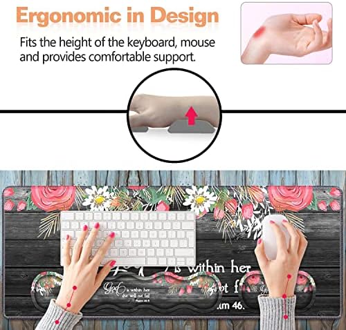 Ergonomic Keyboard Wrist Rest & Mouse Pad Wrist Rest Set,Large XXL Gaming Desk Mat 31.5"x 11.8",Non-Slip Base, Memory Foam,Easy Typing Pain Relief for Office & Home,Floral Quote Bible Verse Psalm 46:5 - Image 6