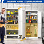 GAIOUS Metal Garage Storage Cabinet with Lock, Steel Tool Cabinet with 2 Door and 4 Adjustable Shelves, 71” Tall Lockable File Cabinet with Wheels, Rolling Cabinet for Home Office Garage Gym - White - Image 3