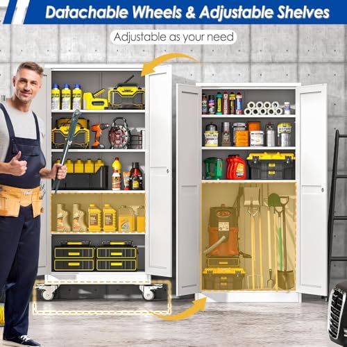 GAIOUS Metal Garage Storage Cabinet with Lock, Steel Tool Cabinet with 2 Door and 4 Adjustable Shelves, 71” Tall Lockable File Cabinet with Wheels, Rolling Cabinet for Home Office Garage Gym - White - Image 3