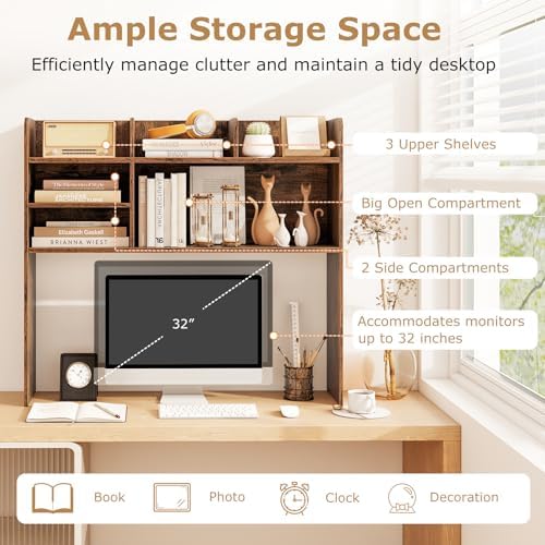 LDAILY 3-Tier Desktop Bookshelf, Wooden Desk Hutch for Computer Monitor Up to 32 Inch, Desk Organizer Shelf with Adjustable Shelf & 6 Storage Shelves, Desk Display Rack for Office Dorm (Rustic Brown) - Image 6