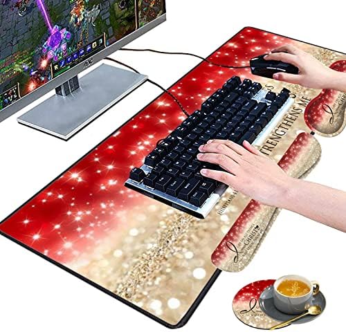 Large Gaming Mouse Pad, Keyboard Wrist Rest pad + Mouse Wrist pad + Coaster Set Extended Waterproof Non-Slip Table mat Suitable for Home Office Learning Games - Bible Verse Pink Philippians 4-13 - Image 4