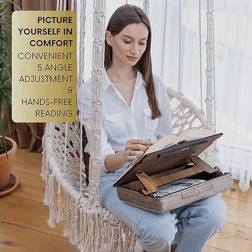 Vigo Wood Lap Reading Desk with Cushion, Adjustable Incline Book Stand with Storage Compartment (Walnut) - Image 4