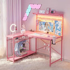 Bestier 42" L Gaming Desk with Power Outlets LED Lights, Carbon Fiber Pink - Image 3