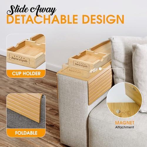 Bamboo Couch Cup Holder Tray with 2 Cork Coasters, Couch Arm Tray, 2 in 1 Anti-Slip Foldable Sofa Arm Tray, Couch Armrest Table, Anti-Spill Couch Arm Table for Drinks TV Remote Cellphone Snacks - Image 4