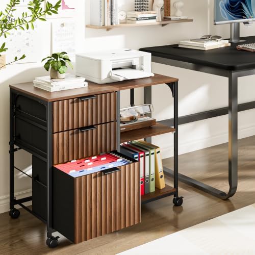 VINGLI 3 Drawer Mobile File Cabinet Printer Stand, Fluted Filing Cabinet with Open Storage Shelves Adjustable, Rolling Lateral Fabric Filing Cabinet for Home Office, Fits Letter Size, Walnut - Image 2