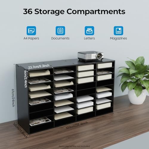 36 Slot Mail Sorter Organizer, Wood Literature Organizer Student Mailbox for Classroom, Desktop File Paper Storage Rack for Office Home School - 39.4" L×11.8”W×24“H (Black, 36-Compartment) - Image 2