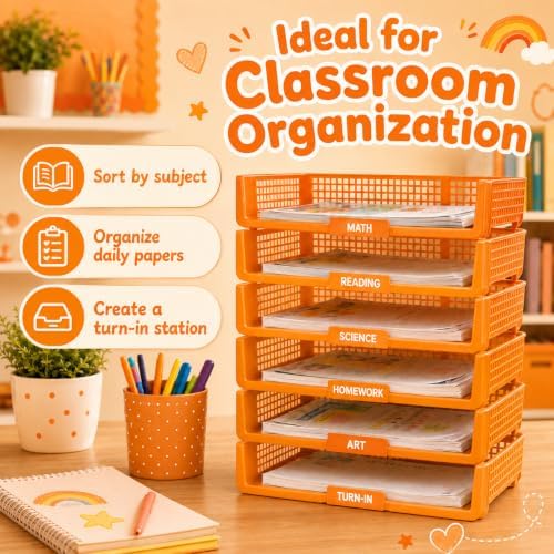 6 Pcs Orange Turn in Trays Classroom, Stackable Paper Bins for Classroom, 13x9x2.8 inch Plastic Baskets Desktop Organization System Office (Orange) - Image 7