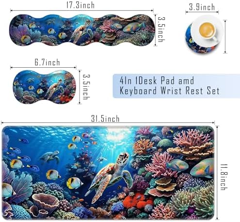 TGFEWYTJYJ Extended Gaming Mouse Pad,Memory Foam Ergonomic Keyboard Mouse Wrist Rest Support Set,Large Desk Mat with Stitched Edges,Non-Slip Base Mousepad Home Office,Sea Turtle Under Water - Image 2