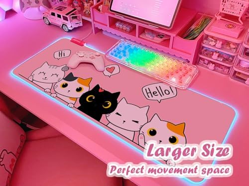 JMIYAV Pink Kawaii Cat RGB Gaming Mouse Pad 31.5x12 Inch PC XL Large Extended Glowing Led Light Up Cool Mouse pad Desk Pad Non-Slip Rubber Computer Mouse Mat Cute Mousepad 31.5x12 Inch - Image 2