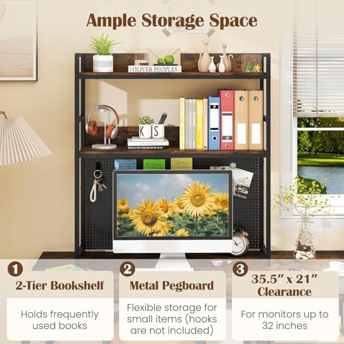 BECOMFORT 37" Desktop Bookshelf, Desk Hutch Dorm with DIY Metal Pegboard - Image 3