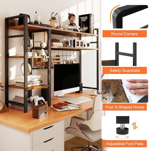 COCO DESIGN 4-Tier Desk Shelf, 38.6" Desktop Organizer Shelf with Grid Panel, Desk Hutch for Computer Monitor, Desktop Bookshelf Storage Rack for Home Office Wood Table Organizer Counter Shelf - Image 3