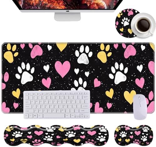 Keyboard Wrist Rest+Mouse Wrist Pad+Desk Pad Set,Memory Foam Ergonomic Easy Typing Pain Relief for Computer Laptop Office Home - Cute Colorful Dog Paws Pattern by DSRGRGFDJ