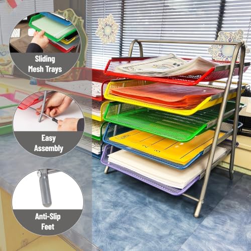 Mind Reader 5-Tier Paper Tray Organizer with Multicolor Trays, Classroom File Organizer for Teachers, Metal Mesh, Assorted Colors - Image 4
