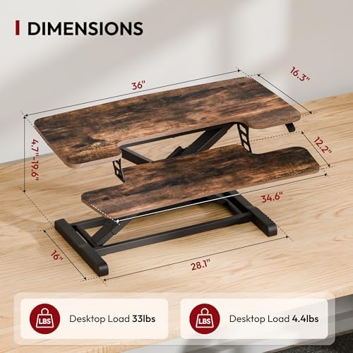 SANODESK 36" Standing Desk Converter, Height Adjustable Sit-Stand Computer Riser, Dual Monitor Workstation with Keyboard Tray, Ergonomic Tabletop, Rustic Brown - Image 2