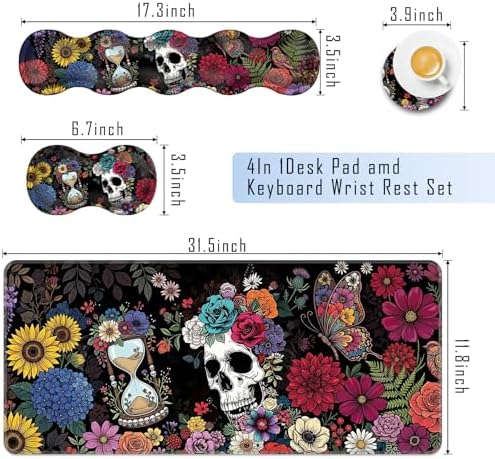 TGFEWYTJYJ Extended Gaming Mouse Pad,Memory Foam Ergonomic Keyboard Mouse Wrist Rest Support Set,Large Desk Mat with Stitched Edges,Non-Slip Base Mousepad Home Office,Flower Skull - Image 2