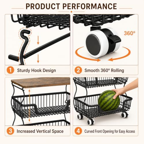 Fruit and Vegetable Storage, 3 Tier Fruit Basket with Wooden Top Table Kitchen Pantry Storage Bins and Organizers, Stackable Metal Rolling Cart for Vegetable Snacks Drinks Onion Potato Organization - Image 4