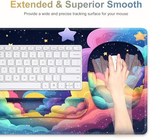 Mouse Pad with Wrist Support 4 in1 Set, XXL Big Game Mousepad + Keyboard Wrist Rest + Mouse Wrist Rest Pad +Coaster Gaming Mat for Home Office Work Computer Laptop I Colorful Clouds Starry Night - Image 4