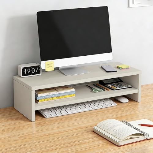 Solid Wood Monitor Stand Riser & Laptop Stand Desk Organizer - Office Accessories for PC Workspace, Computer Organization, Countertop Hutch Beige 19.7x7.9x5.2in by Unknown
