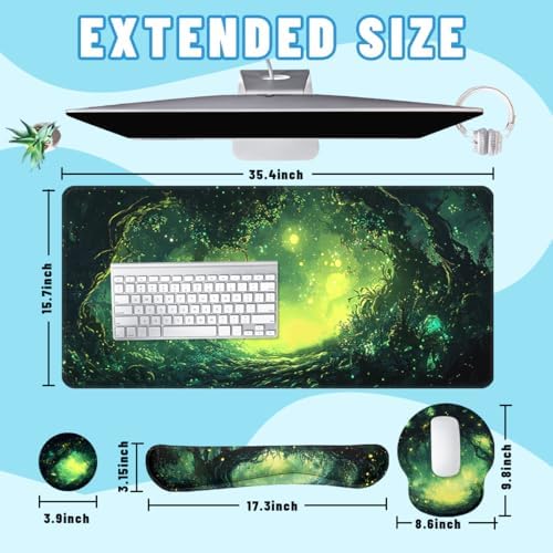 Magic Forest Desk Mat Set Green Fantasy Landscape Large Mouse Pad with Wrist Rest 4in1 Desk Mat for Desktop Ergonomic Keyboard Wrist Support Anti-Slip Computer Ergonomic Mouse Pad Home Office Gaming - Image 2