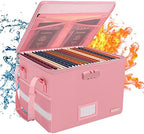 ENGPOW File Box with Lock, Fireproof Document Box with Zipper＆Pockets, Collapsible File Organizer Filing Storage Cabinet with Handle, Portable Home Office Safe for Hanging Letter/Legal Folder, Pink by ENGPOW