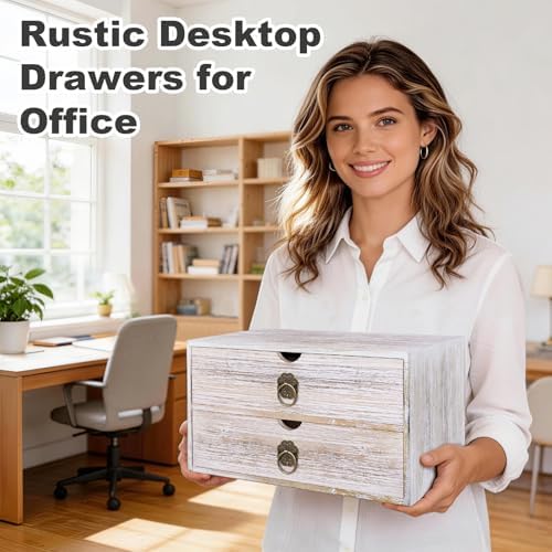 Wood Desk Organizer, Vintage Brown Wooden Desktop Organizer with Drawer, Tabletop Storage Organization Box for Countertop, Home Office Supplies, Bills, 13.3 x 6.5 x 7 Inches(2 Drawer) - Image 4
