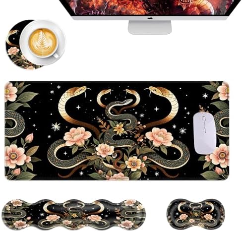 Mouse Pad,Large Desk Mat Set, 4in1 XL Mousepad + Keyboard Wrist Rest+Mouse Wrist Rest+Coaster with Ergonomic Desk Pad for Home Office Table Computer Cover -Aesthetic Snake Floral by Unknown