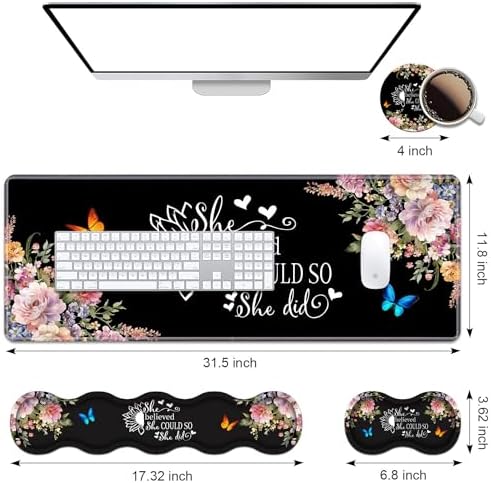 Ergonomic Keyboard Wrist Rest & Mouse Pad Wrist Rest Set, 31.5"x 11.8" Large XXL Gaming Desk Pad Memory Foam Non-Slip Desk Mat for Office & Home, Floral Quote She Believed She Could So She Did - Image 2