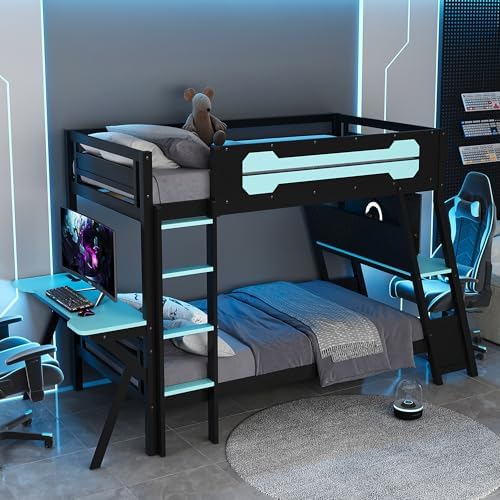 Polibi Twin Over Twin Bunk Bed with 2 Built-in Gaming Desks, USB Charging Ports & Pegboard Organizer, E-Sports Gaming Bed Frame for 2 Kids/Teens, Blue (Twin Size) - Image 7