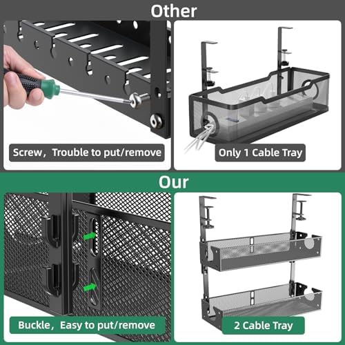 Multi-Model Under Desk Cable Management Tray 2 Packs Metal Under Desk Wire Management Clamp Mount Under Table Cord Management No Damage The Desk (Black) - Image 4