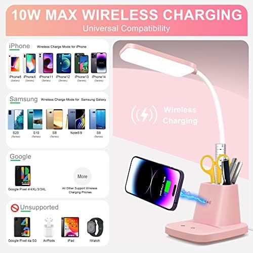 LED Desk Lamp with 10W Wireless Charging & Pen Holder, Pink - Image 3