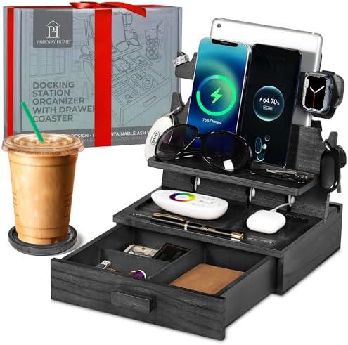 Black Wood Phone Docking Station for up to 3 Phones - Nightstand Organizer with Drawer for Valuables for Men & Women, Compatible With Apple Watch, Holds Phones, Tablets, Keys, Rings, Glasses, EDC by ParkwayHome