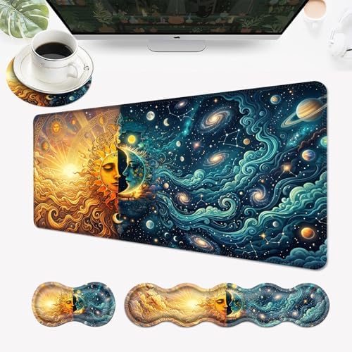 Desk Mat, Mouse Pad with Wrist Rest, 4-in-1 Large Mouse Pads for Desk, Ergonomic Mouse Pad and Keyboard Wrist Rest Gaming Keyboard Mat for Office,Sun and Moon by EFGWSDER