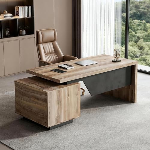 63“ Executive Office Desk with File Drawer, Modern Professional Desk with Cable Management Box, Office Desk with Storage Cabinet & Privacy Panel, 1.8” Thick Desktop for Home Office (Mahogany, Right) by SAINTCY