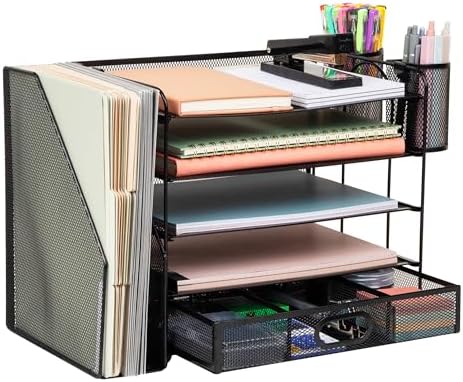 Mind Reader Mesh Desk Organizer, 4 Trays, 1 Drawer, File Holder, 2 Pen Cups, Office Desktop Organizer, Metal Mesh, Black by MindReader