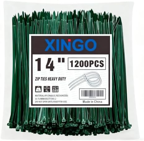 XINGO 14 Inch Garden Green Zip Ties 1200PCS, 75 LBS Ultra Strong Tensile Strength, UV Resistant Cable Ties, Self-locking Plastic Ties for Indoor and Outdoor Use by XINGO