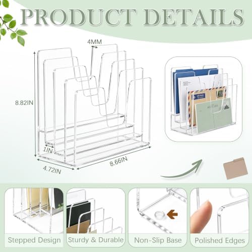 4 Section Clear Acrylic File Organizer, Inclined Desktop File Sorter - Image 2