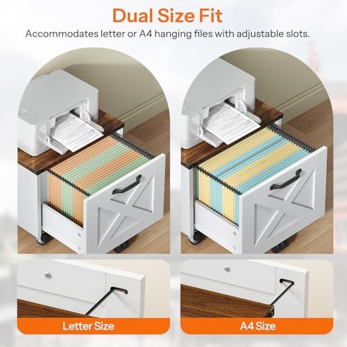 HOOBRO Farmhouse File Cabinet, Small Rolling File Cart Under Desk, 1-Drawer File Cabinet for Home Office, Printer Stand with Drawers, File Organizer Fits A4/Letter Size, White and Walnut, WH34WJ01 - Image 5