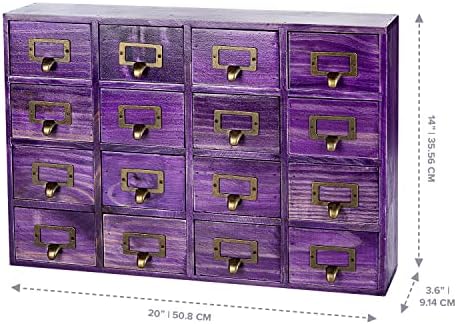 Purple 16-Slot Wooden Drawer Unit - Country Style Desk Organizer Box - 20"x3.6”x14” Wooden Storage Box w/ 16 Drawers - Countertop Drawers w/Label Holder & Handle - Slim 4-Level Organizer - Image 2