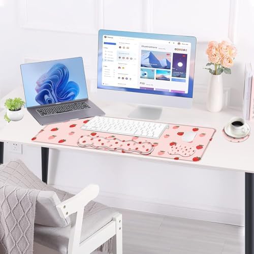 Large Keyboard Mouse Pad Set, Extended Mouse Pad+Keyboard Wrist Rest Support, Memory Foam Ergonomic Easy Typing, 4Pcs (31.5×11.8 in) Desk Pad Set for Office Home,Cute Strawberry Pattern - Image 3
