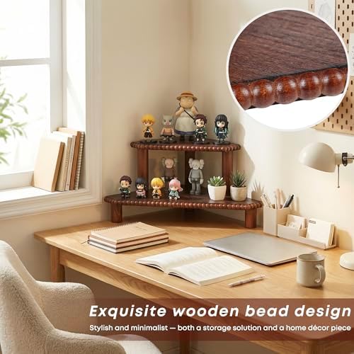 2-Tier Rustic Corner Shelf for Kitchen Counter,Wood Beaded Farmhouse Countertop Organizer with Removable Feet, Stackable Bathroom Vanity & Coffee Bar Decorative Riser Stand(Rustic Walnut) - Image 7