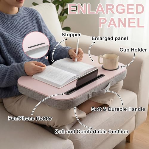 Lewtemi Pink Laptop Lap Desk with Cushion Cup Holder and Stopper Padded and Phone Holder Couch Bed Sofa Fits up to 15.6 Inch Portable Lap Desk for Home Office Study Writing - Image 3