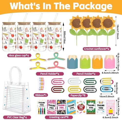 4 Sets Back to School Decoration Teacher Appreciation Gifts Bulk Include Clear Gift Bags Glass Cups Pencil Holders Jumbo Paper Clips Thank You Gift Set for Women Teacher Employee Coworker Gift Basket - Image 2