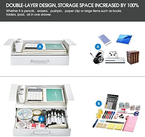 GOME White Under Desk Drawer Storage with Laptop/Book/Folders Shelf, Double Layer Easy Slide-Out Undermount Drawer Organizer with Ball Sliding Track for Home Office Sit-Stand Workstation - Image 3