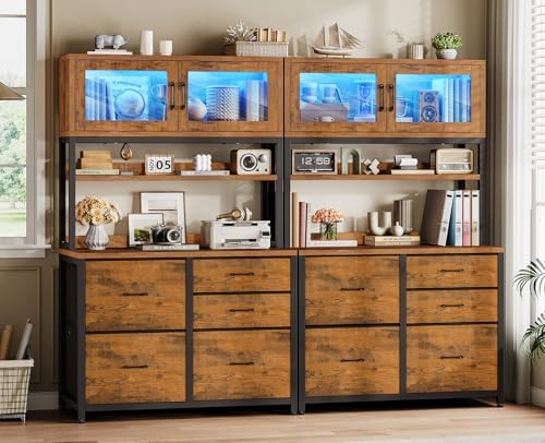 SEDETA 5 Fabric Drawer File Cabinet with Power Strip, 31.5" Filing Cabinet fits Legal, Letter, A4 Size File for Home Office with Printer Stand, LED Lights and Storage Shelf (Rusti Brown, Tall) - Image 3
