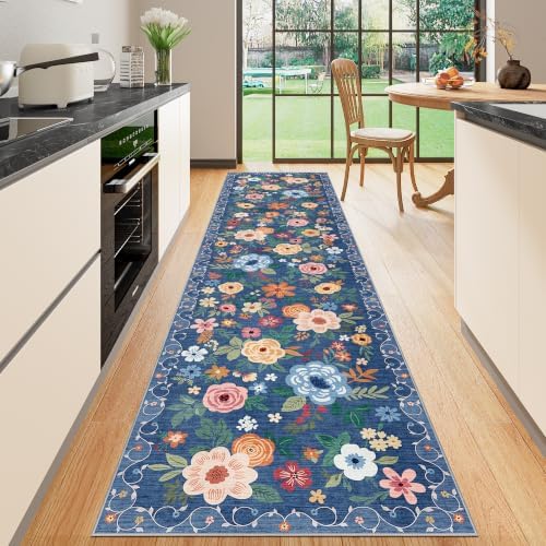 DUKINO 2x10 Runner Rug, Floral Washable Kitchen Runner Rug Non Slip, Blue by DUKINO