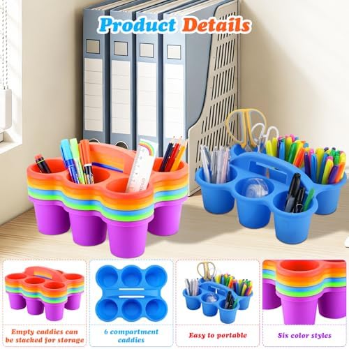 VZZNN 12 Pack Classroom Caddy Organizer with Handle Multicolor Plastic Table Caddy 6 Compartments Storage Cup Holder for School Supplies Art Crafts Crayons Pencils Stackable Desk Caddy for Office - Image 3