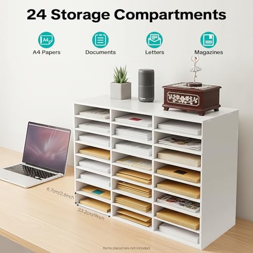 24 Slot Mail Sorter Organizer, Wood Literature Organizer Student Mailbox for Classroom, Desktop File Paper Storage Rack for Office Home School - 29" L×11.9”W×23.5“H (White, 24-Compartment-B) - Image 3