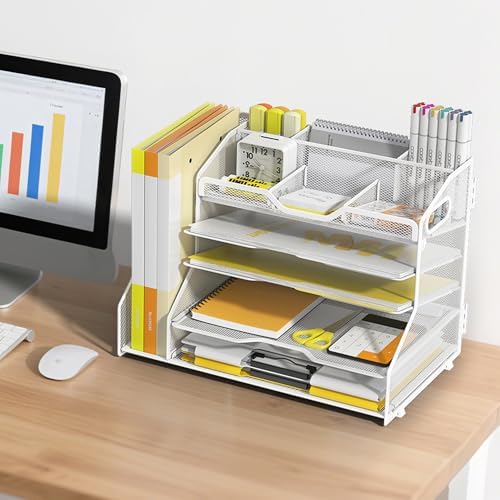 YINGHUA 5-Tier Mesh Desk Organizer and File Holder, Letter Tray - White - Image 6